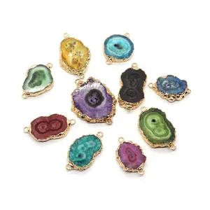 Set of irregular druzy stone pendants with gold plated edges and double loops for jewelry