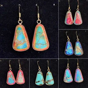 Bohemian Vintage Natural Stone Drop Earrings For Women Gold Plated Alloy Geometric Inlaid Turquoise Style Dangle Earrings Jewelry Gift