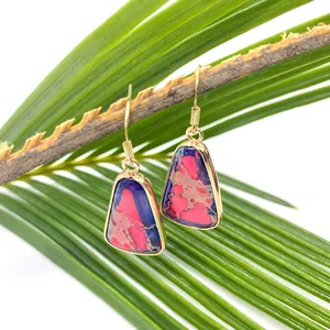 Irregular natural stone dangle earrings with gold plating and colorful textures