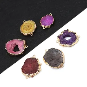 Natuursteen Kristal Druzy Agaat Hanger Onregelmatige Schijf Dubbele Connector Voor DIY Sieraden Maken Bohemian Accessoires