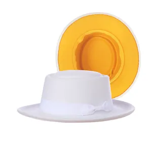 Kids Woolen Fedora Hat Color Block White Yellow Ribbon Bowtie British Style Flat Top Sunshade Jazz Hat For Boys Girls