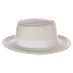 Close-up of a cream wool felt boater hat with a matching textured grosgrain ribbon trim
