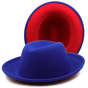 Two-tone blue and red fedora hat with wide brim for men and women in wool felt