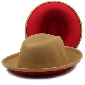 Classic two-tone khaki fedora wool felt hat with vibrant red brim and wide flat brim design