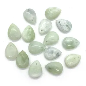 Set of 15 teardrop natural green jade stone beads with pre-drilled holes for DIY jewelry