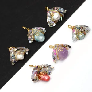 Natural Freshwater Pearl Resin Shell Fragment Pendant Irregular Hand Winding Gold Wire Charm For DIY Jewelry Making Necklaces Ethnic Bohemian Style Accessory