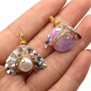 Irregular handmade wire wrapped resin pendants with natural pearls and purple crystals