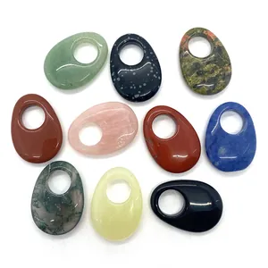 Set of 10 oval natural stone pendants including Aventurine and Rose Quartz with 12mm holes