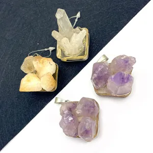 Natuursteen Kristalcluster Hanger Amethist Citrien Kristal Ingelegde Legering Onregelmatige Vorm DIY Sieraden Cadeau