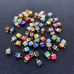 Assorted cube natural stone pendants with gold metal caps for DIY jewelry making projects