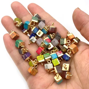 5x10mm cube natural stone pendants in various colors with gold metal caps for DIY jewelry