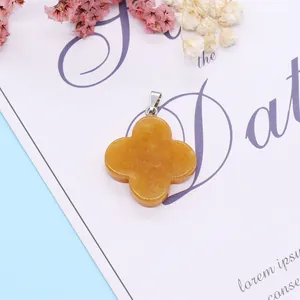 Natural yellow stone four-leaf clover pendant with silver clip for DIY jewelry necklace