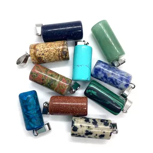 Assorted natural 10x26mm cylinder stone pendants with silver metal bails for DIY jewelry