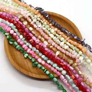 Cuentas de concha natural irregular en varios colores sobre bandeja de madera para DIY