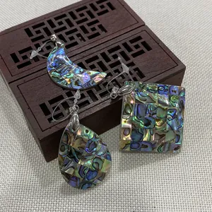 Pendentif en Mosaïque de Coquille d'Abalone Naturelle Iridescent Géométrique Forme de Lune Goutte Losange pour Bijoux DIY