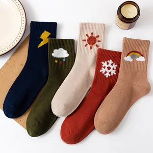 Women's Combed Cotton Crew Socks Weather Embroidery Rainbow Sun Cloud Snowflake Pattern Japanese Style Casual Fashion Mid Tube Socks