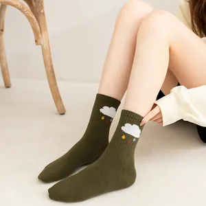 Women's olive green cotton crew socks with clouds and raindrops embroidery details