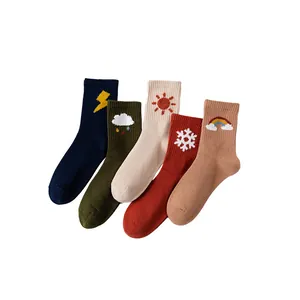 Five-pack combed cotton mid-calf socks with weather-themed embroidery patterns