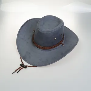 Cappello da cowboy classico in pelle scamosciata grigio scuro con cordino intrecciato marrone