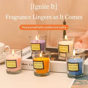 Five assorted colors scented candles in glass jars with natural plant extracts label