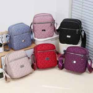Women Quilted Nylon Small Crossbody Bag Heart Embroidered Mobile Phone Shoulder Bag With Adjustable Wide Fabric Strap