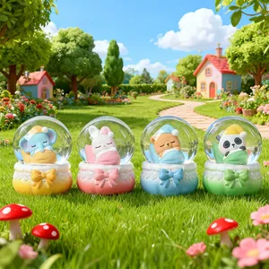 Set of four cute sleeping animal crystal balls with blue elephant, rabbit, bear, and panda