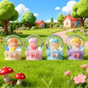 Set of four cartoon boy crystal ball figurines with colorful resin Greek pillar bases
