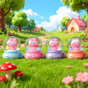 Set of four cute rabbit crystal globes with colorful bases and glowing mini figures