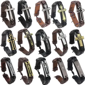 Collection of 15 vintage woven leather bracelets with cross and religious charms