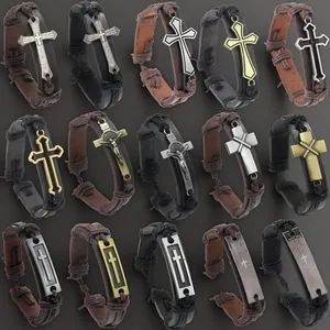 Mens vintage woven leather bracelets set with religious cross and alloy charms