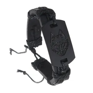 Adjustable black leather braided men's bracelet with engraved wolf head metal plate