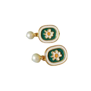 Handmade enamel chamomile earrings with freshwater pearls and 925 silver needles
