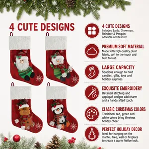 Set of 4 plush Christmas stockings featuring Santa, snowman, reindeer and penguin designs