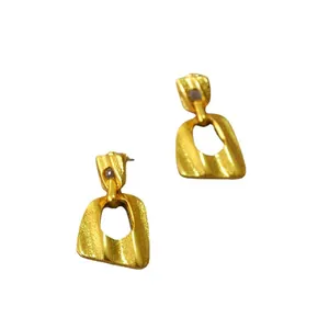 Vintage irregular geometric brass gold earrings with matte textured finish and drop design