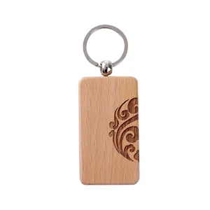 Rectangular wooden keychain with engraved traditional cloud pattern and metal ring