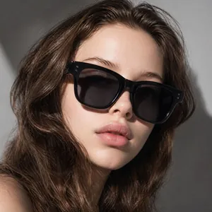 Classic square black sunglasses with silver rivet accents and premium glossy finish