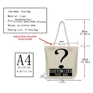 Detailed view of linen tote bag featuring an adjustable thick rope shoulder strap