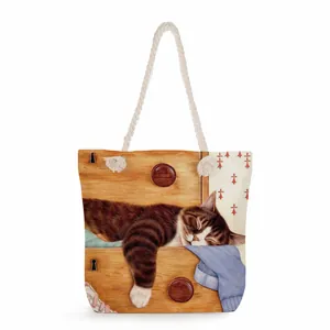 Floral cat art canvas tote bag with thick white rope handles for beach and daily travel