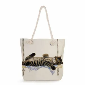 Women's Artistic Cat Floral Print Tote Bag Large Capacity Polyester Shoulder Bag With Rope Handles Zipper Closure Handbag