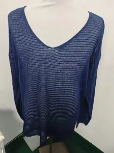 Detailed view of deep blue V-neck knit sweater with breathable mesh texture on a mannequin
