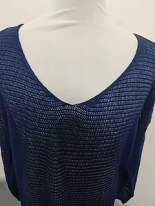 Detail of navy blue V-neck knit sweater with breathable mesh texture on a mannequin