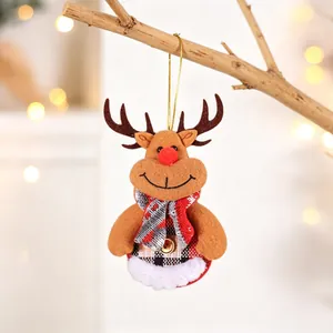 Detailed plush reindeer ornament with red nose and knit scarf on a holiday tree branch