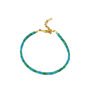 Handmade beaded bracelet with square turquoise and green beads and gold lobster clasp