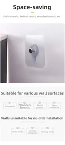 Guide for transparent adhesive screw stickers showing suitable surfaces like tile and glass