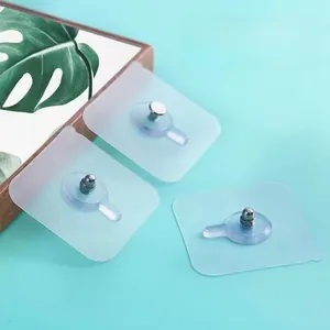 Three-pack of transparent adhesive screw hooks for wall-mounted bathroom shelves and frames