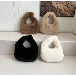 Detailed view of plush faux fur hobo bags in coffee, khaki, black, and beige colors