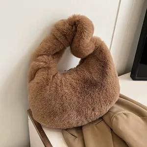 Women Faux Fur Handbag Plush Underarm Bag Soft Fluffy Shoulder Bag For Autumn Winter Zipper Solid Color Elegant