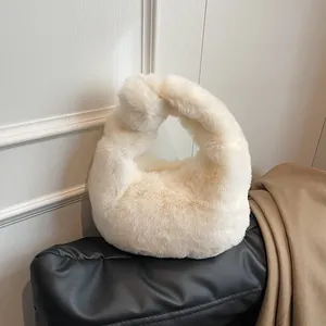 Women Winter Plush Faux Fur Handbag Casual Soft Knot Handle Shell Shaped Tote Bag For Daily Shopping Girls Fashion Accessory