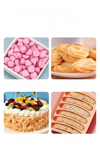 Detail shots of cookies, cakes, sausages, and melt beans made using thick piping bags
