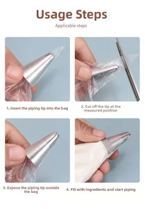 Step-by-step guide showing how to assemble a piping tip into a thick pastry bag